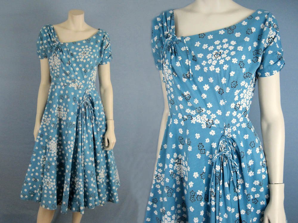 1950s Blue Floral Swing Dress Circle Skirt Jeanette Alexander