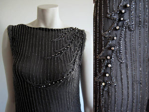 1930s Art Deco Beaded Silk Dress Rhinestone Glass Beads Low Scoop Back