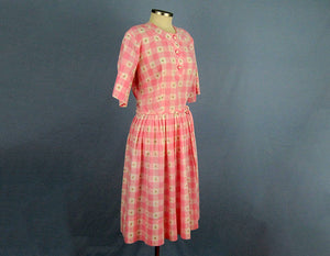 1950s Day Dress Pink & White Buffalo Plaid Clip Dot Cotton