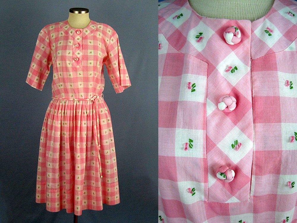 1950s Pink White Buffalo Plaid Swing Day Dress Full Skirt