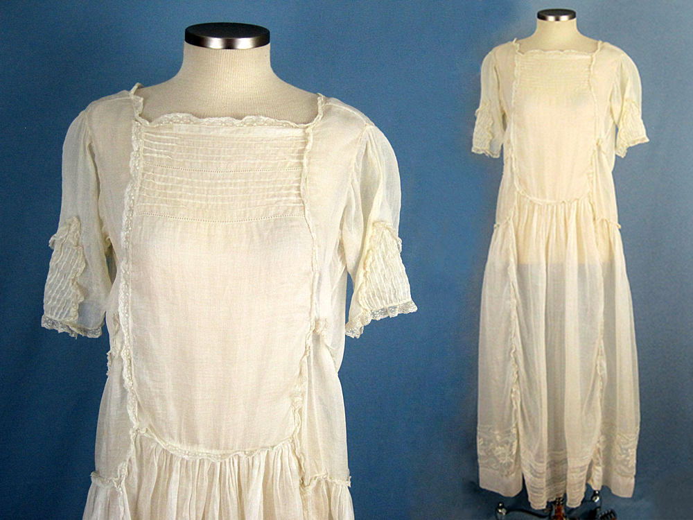 1920s Drop Waist Embroidered Cotton Organdy Flapper Wedding Dress