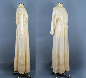 1910s Edwardian Tea Dress White Broderie Anglais Gown SMALL