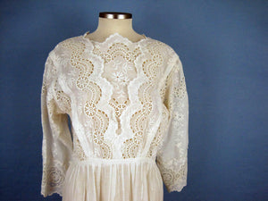 White Edwardian Tea Dress Broderie Anglais Gown SMALL 1910s