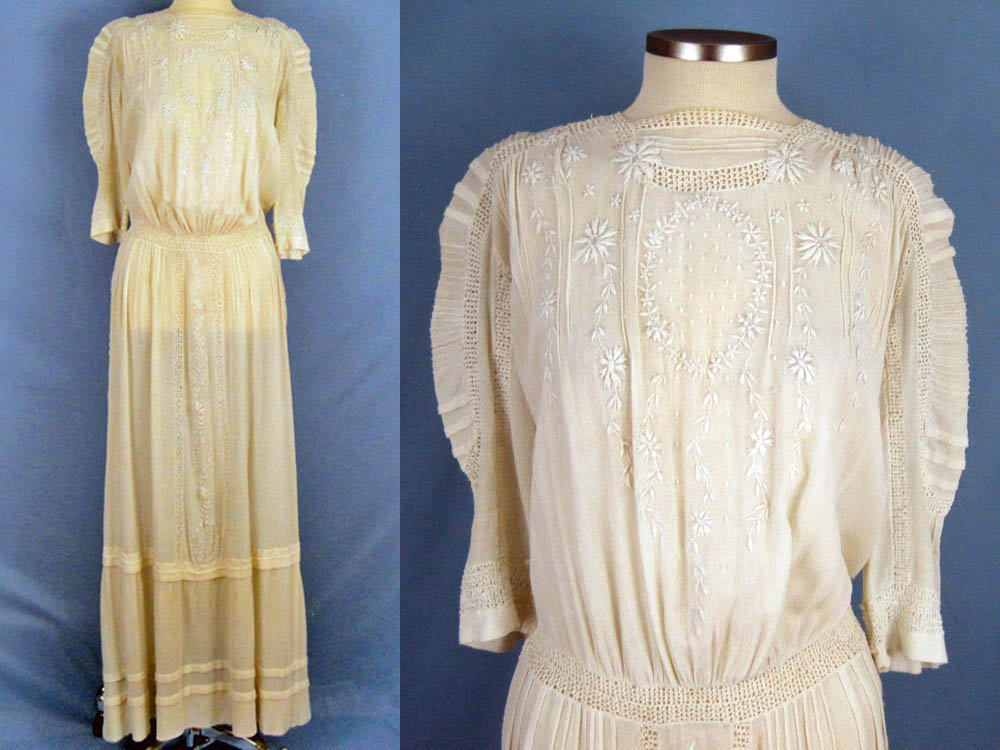 1910s Edwardian Tea Dress Embroidered Gauze with Openwork 1910s Edwardian Tea Dress Embroidered Gauze with Openwork