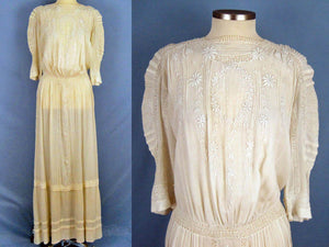 1910s Edwardian Tea Dress Embroidered Gauze with Openwork
