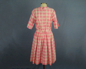 1950s Day Dress Pink & White Buffalo Plaid Clip Dot Cotton