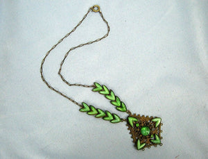1920s Neiger Style Egyptian Revival Necklace Nile Green Czech Glass Peking Glass