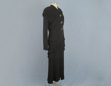Load image into Gallery viewer, 1940s Black Cocktail Dress Peplum Waist Textured Rayon Fanya
