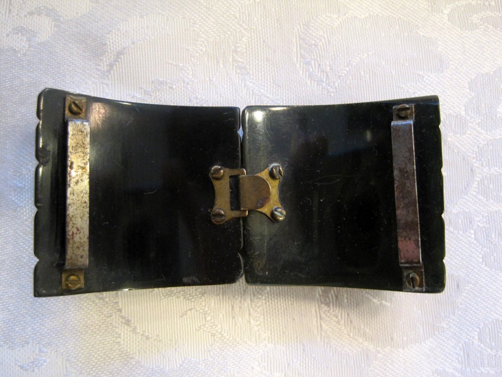 1930s Art Deco Belt Buckle Cape Clasp Dark Green Marbled Bakelite