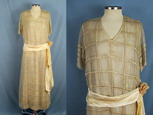 1920s Cream Silk Tabard Dress Embroidered Window Pane Pattern Silk Rolled Roses