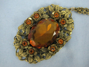 1930s necklace large faceted amber glass pendant filigree brass
