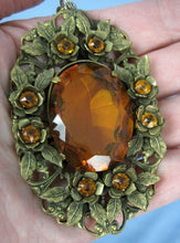 Load image into Gallery viewer, 1930s necklace large faceted amber glass pendant filigree brass