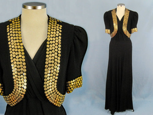 1930s Studded Black Rayon Crepe Gown Bolero Old Hollywood