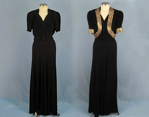 1930s Studded Black Rayon Crepe Gown Bolero Old Hollywood