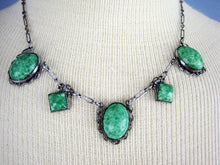 Load image into Gallery viewer, 1920s Art Deco Peking Glass Necklace Filigree Silver Tone Metal