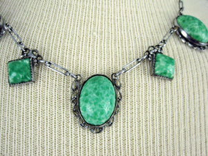 1920s Art Deco Peking Glass Necklace Filigree Silver Tone Metal