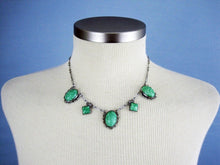 Load image into Gallery viewer, 1920s Art Deco Peking Glass Necklace Filigree Silver Tone Metal