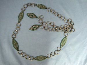 1920s Flapper Belt Green Celluloid Filigree Metal Chain Link Belt
