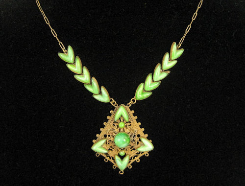 1920s Neiger Style Egyptian Revival Necklace Nile Green Czech Glass Peking Glass