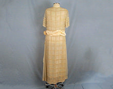 Load image into Gallery viewer, 1920s Cream Silk Tabard Dress Embroidered Window Pane Pattern Silk Rolled Roses