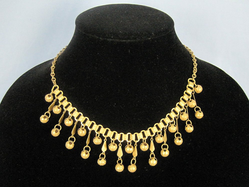 1920s Egyptian Revival Book Chain Necklace Gold Dangle Balls Bib Necklace