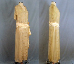 1920s Cream Silk Tabard Dress Embroidered Window Pane Pattern Silk Rolled Roses