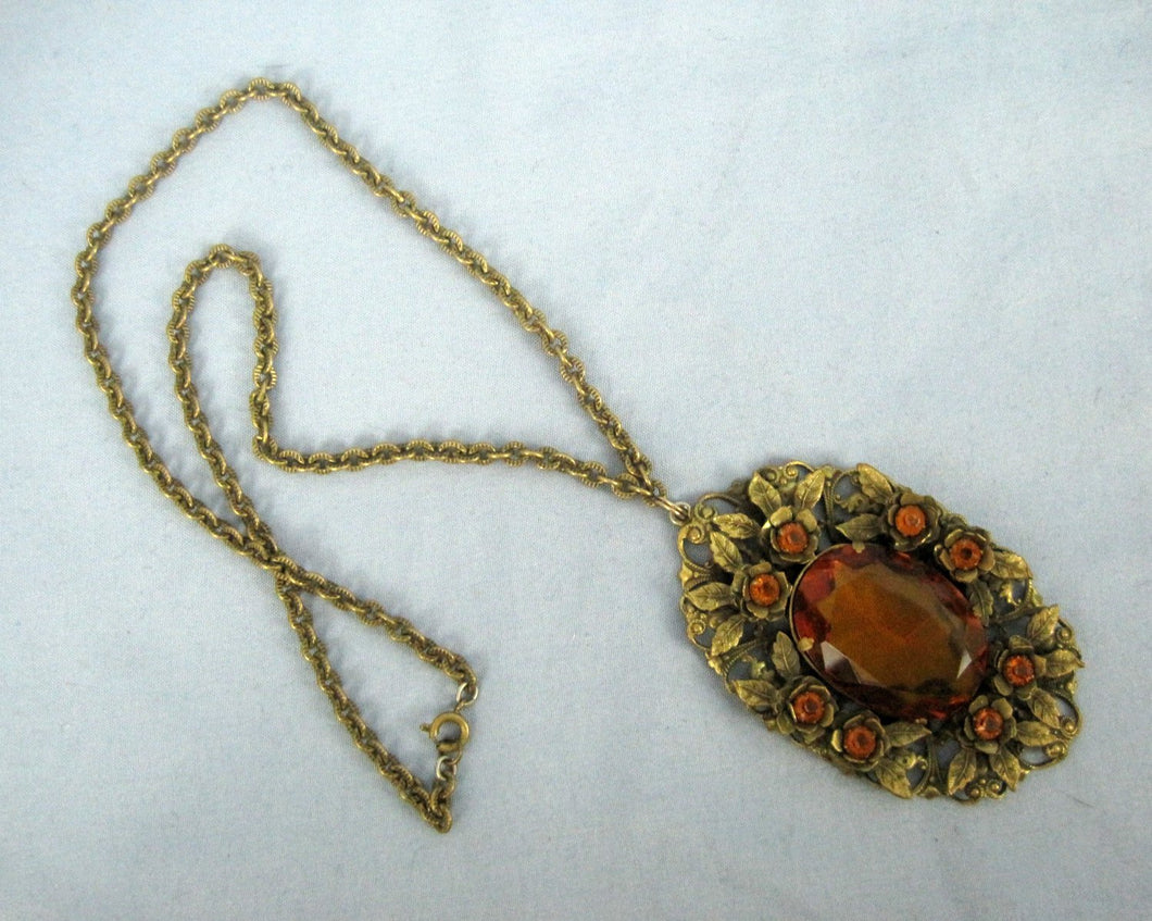 1930s necklace large faceted amber glass pendant filigree brass