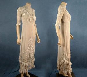 1910s Edwardian Wedding Gown Openwork Embroidered White Cotton Scalloped