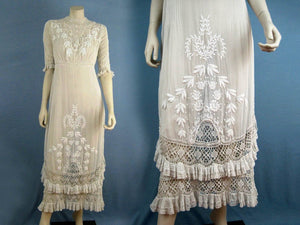 1910s Edwardian Wedding Gown Openwork Embroidered White Cotton Scalloped