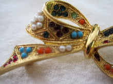 Load image into Gallery viewer, 1950s Rhinestone Bow Brooch Multi-colored Glass Stones