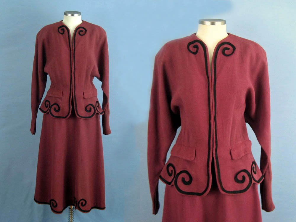 1940s tailored suit raspberry silk rayon suit nipped waist