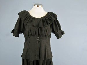 1900s Victorian Edwardian Swimsuit Black Cotton 2-Piece Bathing Suit