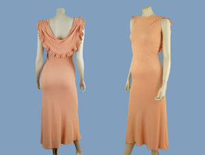 1930s Pink Black Rayon Crepe Old Hollywood Gown Bias Cut