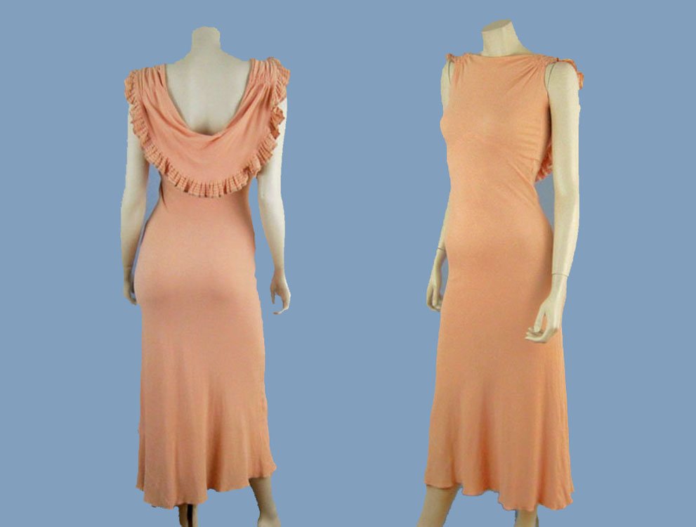 1930s Pink Black Rayon Crepe Old Hollywood Gown Bias Cut