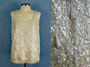 1950s Cream Wool Sweater Sequins Dimensional Beading Sleeveless