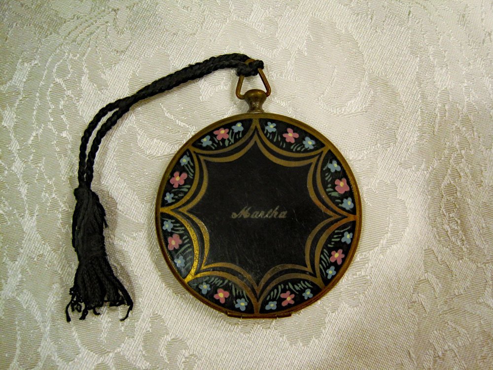 1930s 40s Enamel Floral Brass Powder Compact Pocket Watch Style Compact