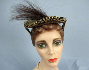 1950s Perch Hat with Prongs Brown Velvet & Lace