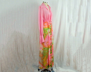 1970s Vanity Fair Robe Pink Flower Power Maxi Robe Long Sleeve