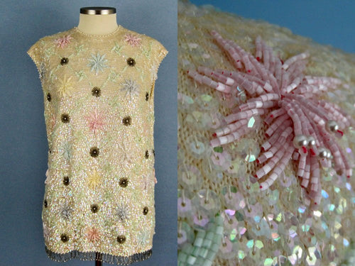 1950s Heavily Beaded Cream Wool Sweater Anemones Jordan Marsh Young Elegants