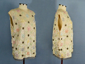 1950s Heavily Beaded Sequins Cream Wool Sweater Jordan Marsh Young Elegants