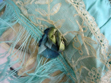Load image into Gallery viewer, 1920s Green Silk Boudoir Cap Silk Ribbonwork Ostrich Feather