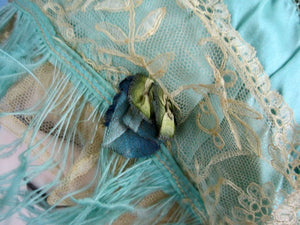 1920s Green Silk Boudoir Cap Silk Ribbonwork Ostrich Feather