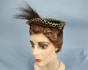 1950s Perch Hat with Prongs Brown Velvet Lace