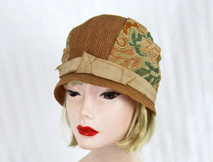 1920s Straw Cloche Hat Embroidered Linen