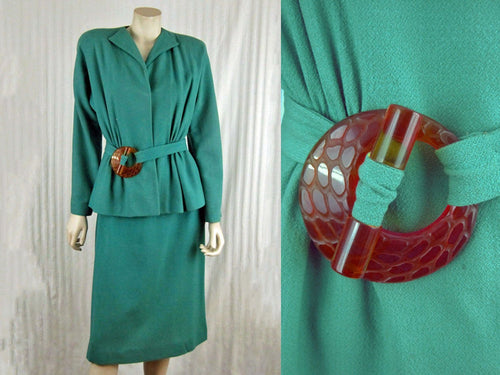 1940s Lilli Ann Aqua Wool Suit Carved Apple Juice Lucite Buckle