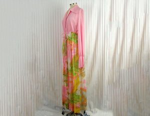 1970s Vanity Fair Robe Pink Flower Power Maxi Robe Long Sleeve