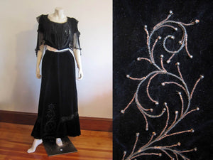 1900s Belle Epogue velvet gown, midnight blue silk velvet, silk chiffon, metal soutache