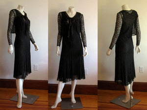 1920s 1930s Silk Dress & Matching Bolero Bias Cut Illusion Lace XS Small