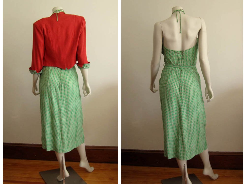 1940s Green Silk Halter Dress Paprika Cropped Jacket Antique Graces 1940s Green Silk Halter Dress Paprika Cropped Jacket Antique Graces