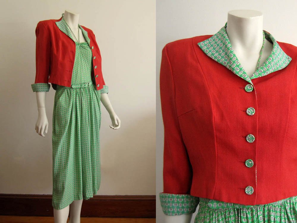 1940s Green Silk Halter Dress Paprika Cropped Jacket Antique Graces 1940s Green Silk Halter Dress Paprika Cropped Jacket Antique Graces